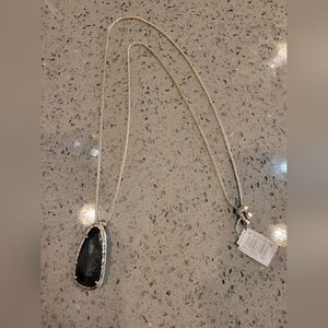 Brand New Kendra Scott Saylor Long Onyx Pendant Hammered Stone Silver Necklace